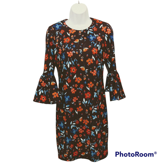 Calvin Klein Women's Floral Bell-Sleeve Dress Burgundy/Poppy Red Size 2 NWT - Picture 1 of 4
